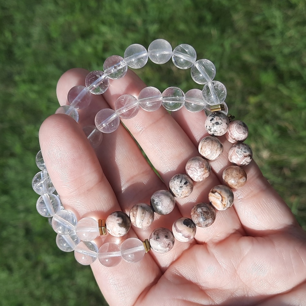 Natural 8mm Rhodochrosite & Clear Quartz Stretchy Bracelet - Picture 2 of 3